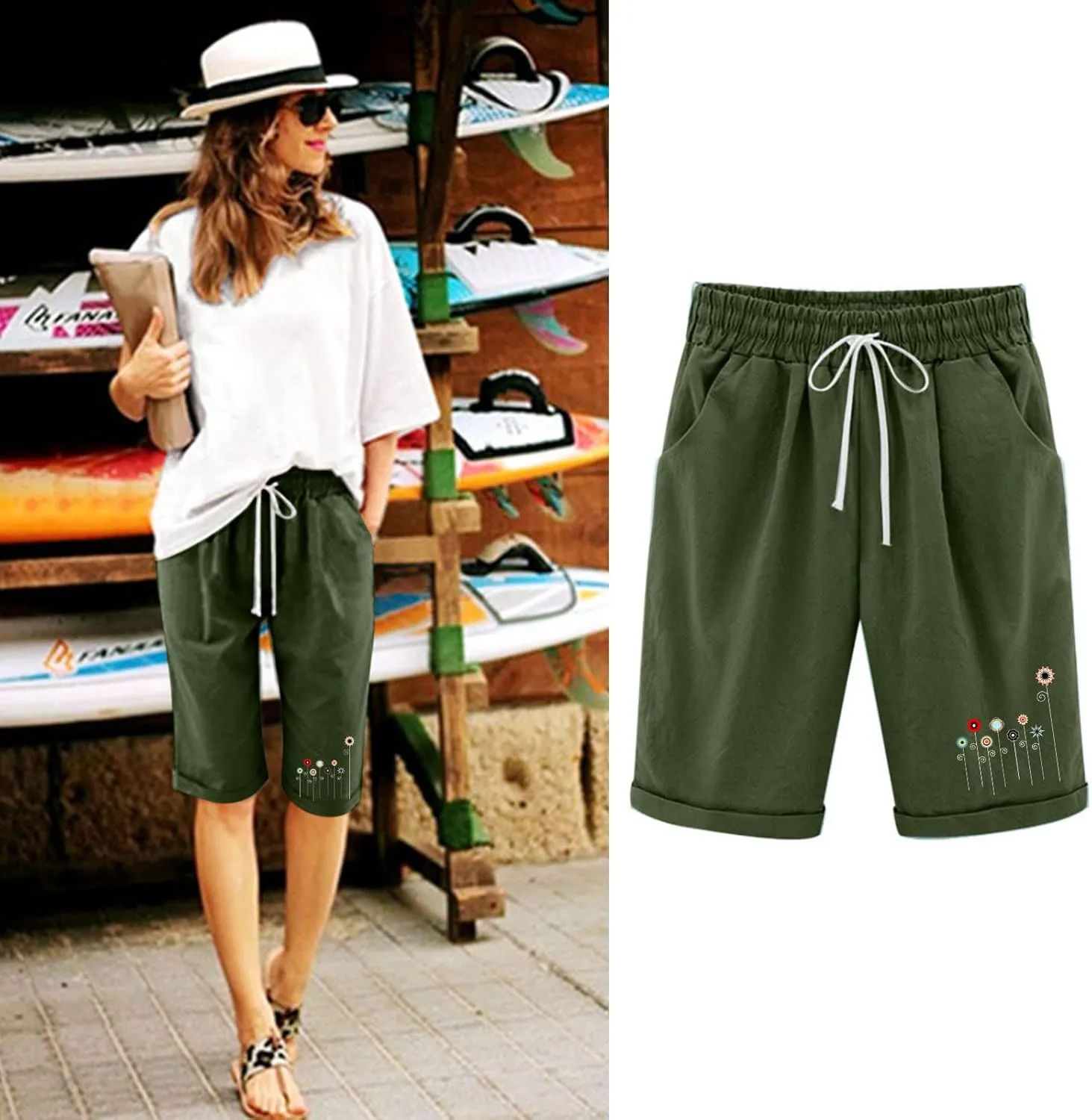 Women Summer Plus Size Casual Shorts Trendy Pleated Smocked Waist Roll-up Leg Trouser Jogger Running Lounge Sweatpant