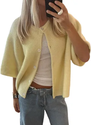 Women Y2k Knit Cardigan Shirts Open Front Button Down Crop Cardigans Sweater Short Sleeve Loose Tee Tops