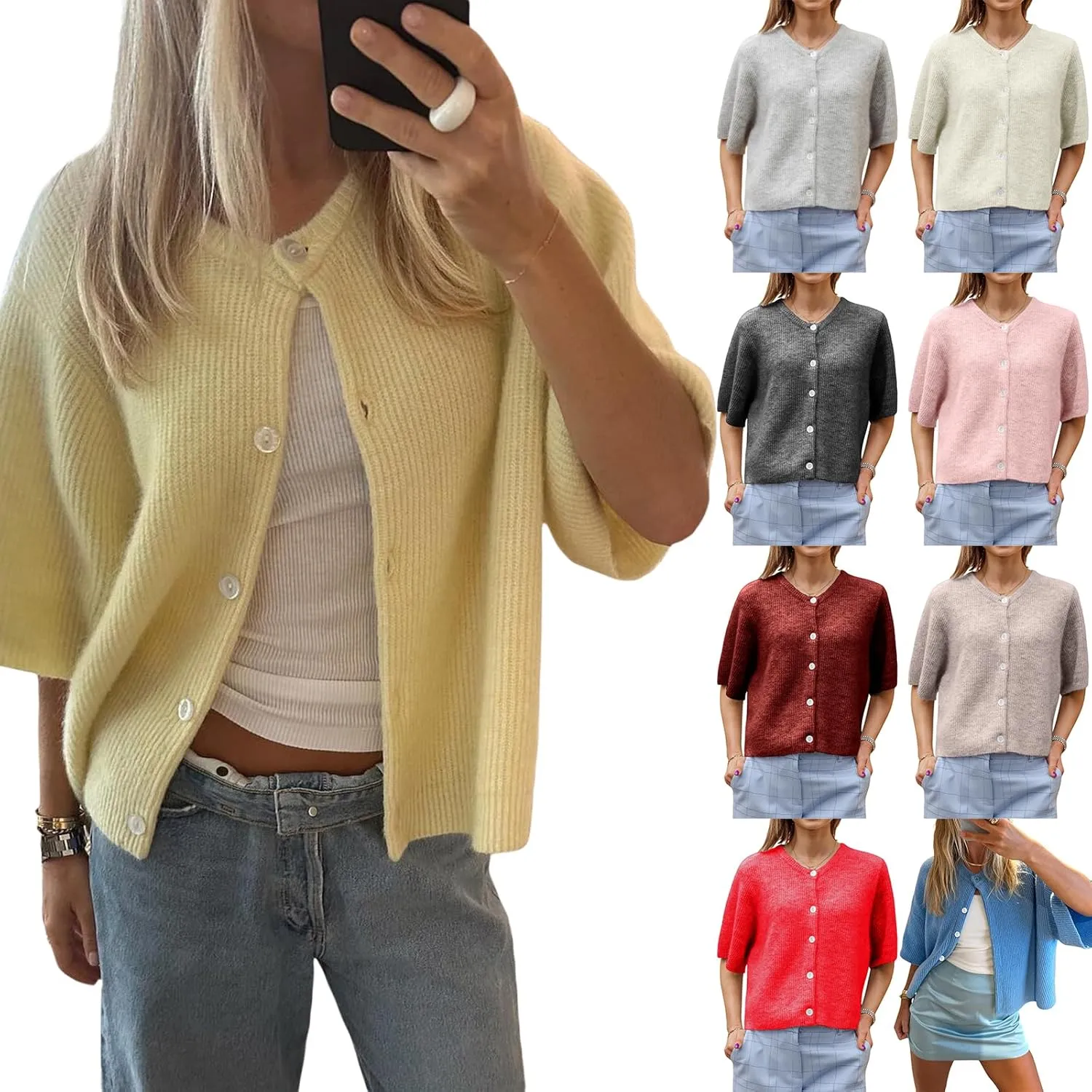 Women Y2k Knit Cardigan Shirts Open Front Button Down Crop Cardigans Sweater Short Sleeve Loose Tee Tops