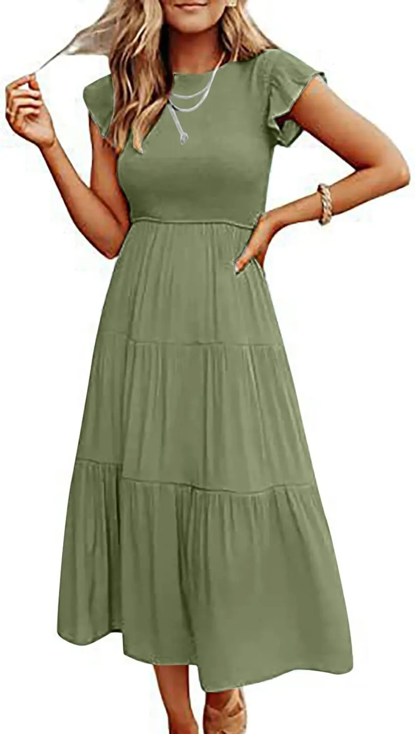Women's 2024 Summer Short Sleeves Dress Casual Loose Flowy Tiered Ruffle Pleated Sundress Beach Cover Up Dresses