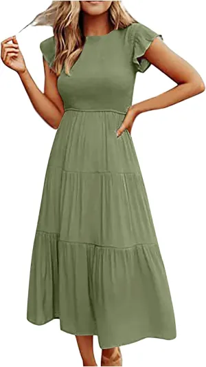 Women's 2024 Summer Short Sleeves Dress Casual Loose Flowy Tiered Ruffle Pleated Sundress Beach Cover Up Dresses