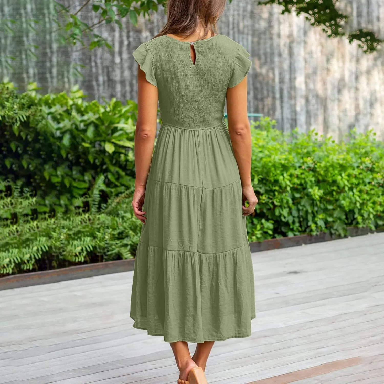 Women's 2024 Summer Short Sleeves Dress Casual Loose Flowy Tiered Ruffle Pleated Sundress Beach Cover Up Dresses