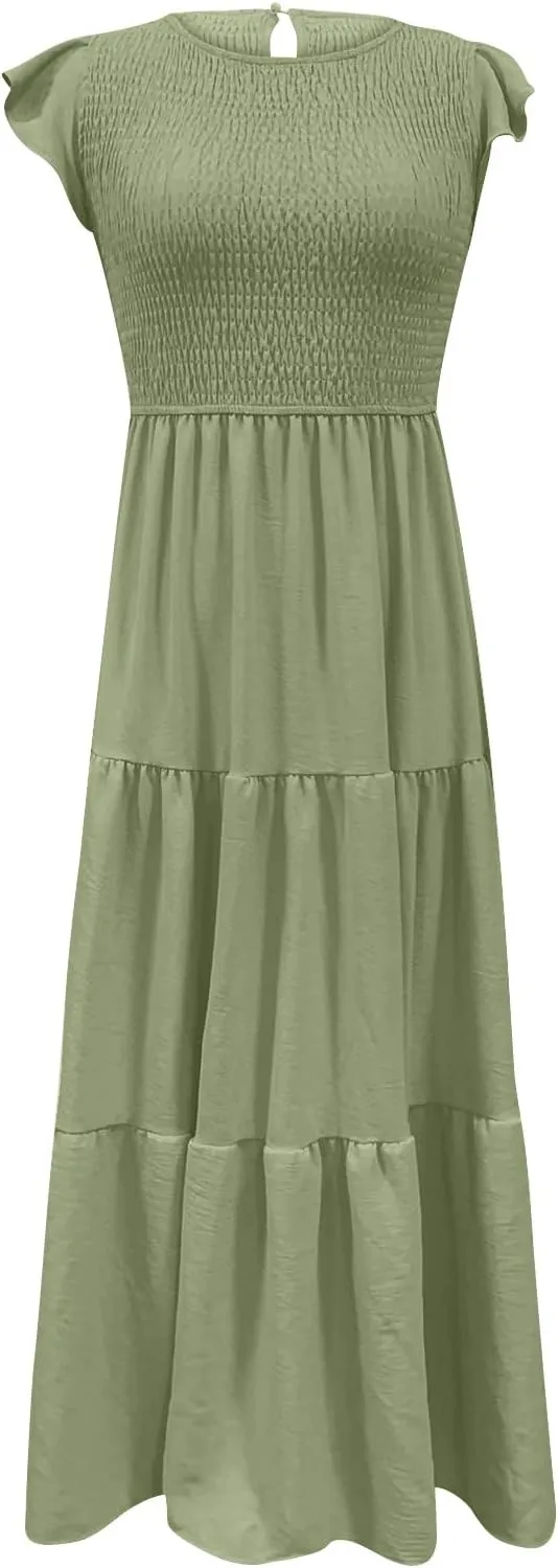 Women's 2024 Summer Short Sleeves Dress Casual Loose Flowy Tiered Ruffle Pleated Sundress Beach Cover Up Dresses