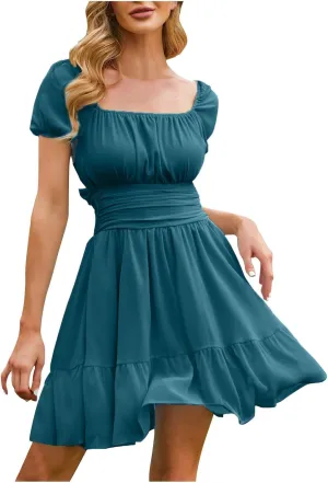 Women's 2025 Summer Dress Puff Short Sleeve Casual Elastic Waist Mini Dresses Tie Back Square Neck A-Line Sundress