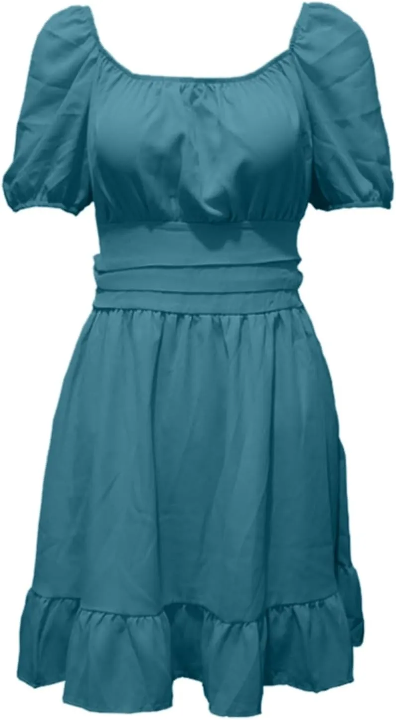 Women's 2025 Summer Dress Puff Short Sleeve Casual Elastic Waist Mini Dresses Tie Back Square Neck A-Line Sundress