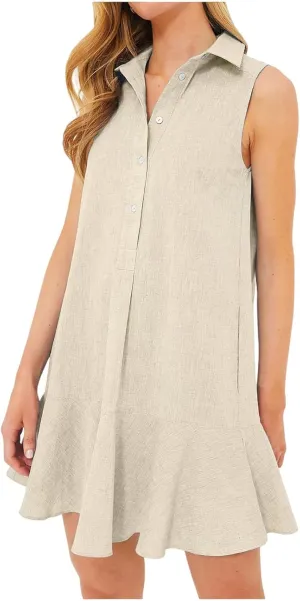 Womens 2025 Summer Sleeveless Shirt Dress Cotton Linen Button Down Ruffle Hem Mini Dresses Loose Flowy Swing Dresses