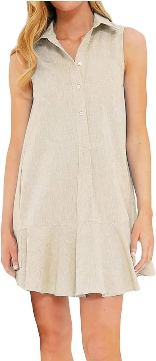 Womens 2025 Summer Sleeveless Shirt Dress Cotton Linen Button Down Ruffle Hem Mini Dresses Loose Flowy Swing Dresses