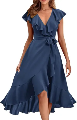 Women's 2025 Summer Wrap Midi Dress Casual Boho Deep V Neck Cocktail Dress Short Sleeve Ruffle Hem Split Beach Long Dresses