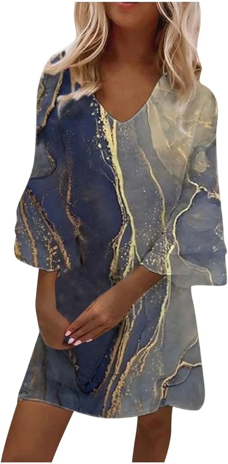 Womens 3/4 Bell Sleeve V Neck Elegant Mini Dress Floral Printed Beachwear Temperament Casual Resort Dress