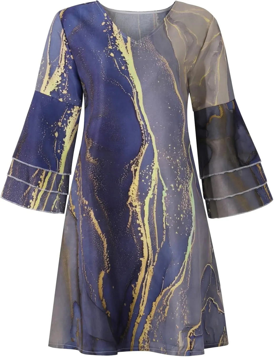 Womens 3/4 Bell Sleeve V Neck Elegant Mini Dress Floral Printed Beachwear Temperament Casual Resort Dress