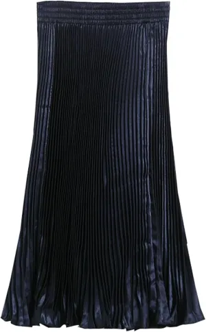 Women's A-Line Metallic Shiny Accordion Pleated Skirt Elastic Waist Midi Skirts