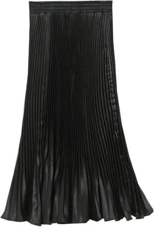 Women's A-Line Metallic Shiny Accordion Pleated Skirt Elastic Waist Midi Skirts