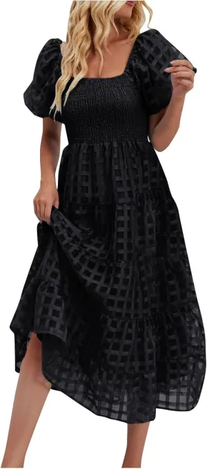 Womens Bohemian Dresses Summer Casual Off Shoulder Puff Sleeve Midi Boho Dress Tiered Ruffle Sundress Vacation Outfit