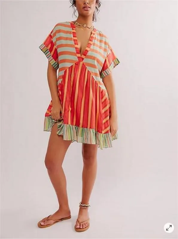 Womens Boho Mini Dress Y2k Floral Deep V-Neck Puff Sleeve Short Dresses 2025 Summer Causal Beach Mini Sundress