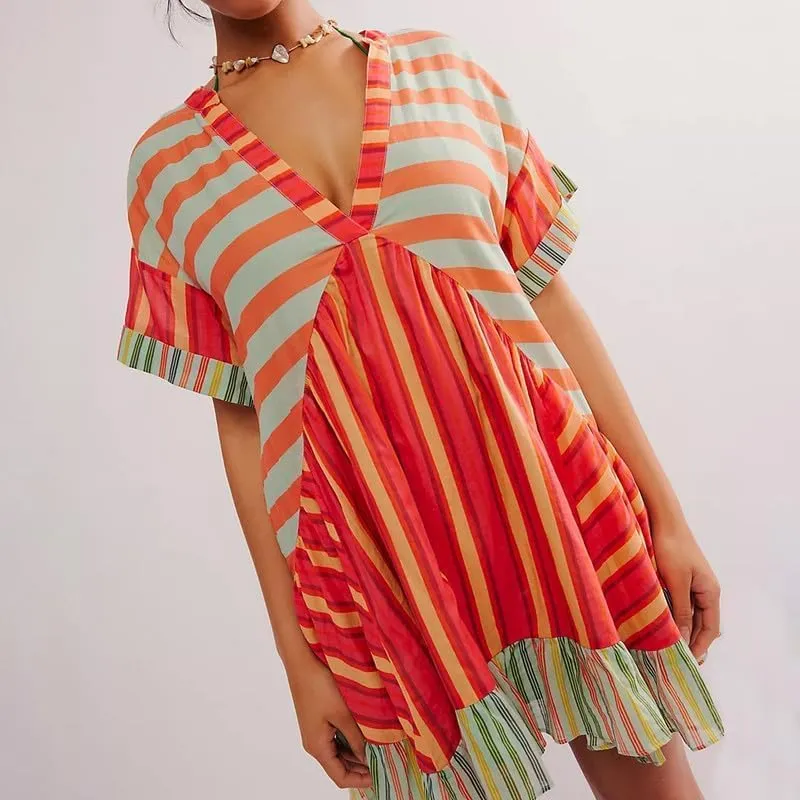Womens Boho Mini Dress Y2k Floral Deep V-Neck Puff Sleeve Short Dresses 2025 Summer Causal Beach Mini Sundress