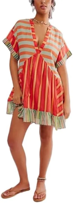 Womens Boho Mini Dress Y2k Floral Deep V-Neck Puff Sleeve Short Dresses 2025 Summer Causal Beach Mini Sundress