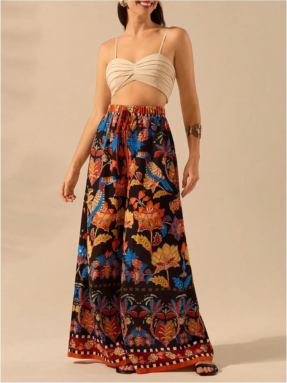 Women's Boho Palazzo Pants Floral Baggy Pants Flowy Vacation Wide Leg Pants Drawstring Beach High Waist Loose Trouser