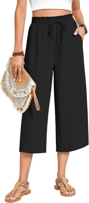 Womens Capri Pants Wide Leg High Waisted Lounge Pants Drawstring Casual Loose Palazzo Pants Trousers with Pockets