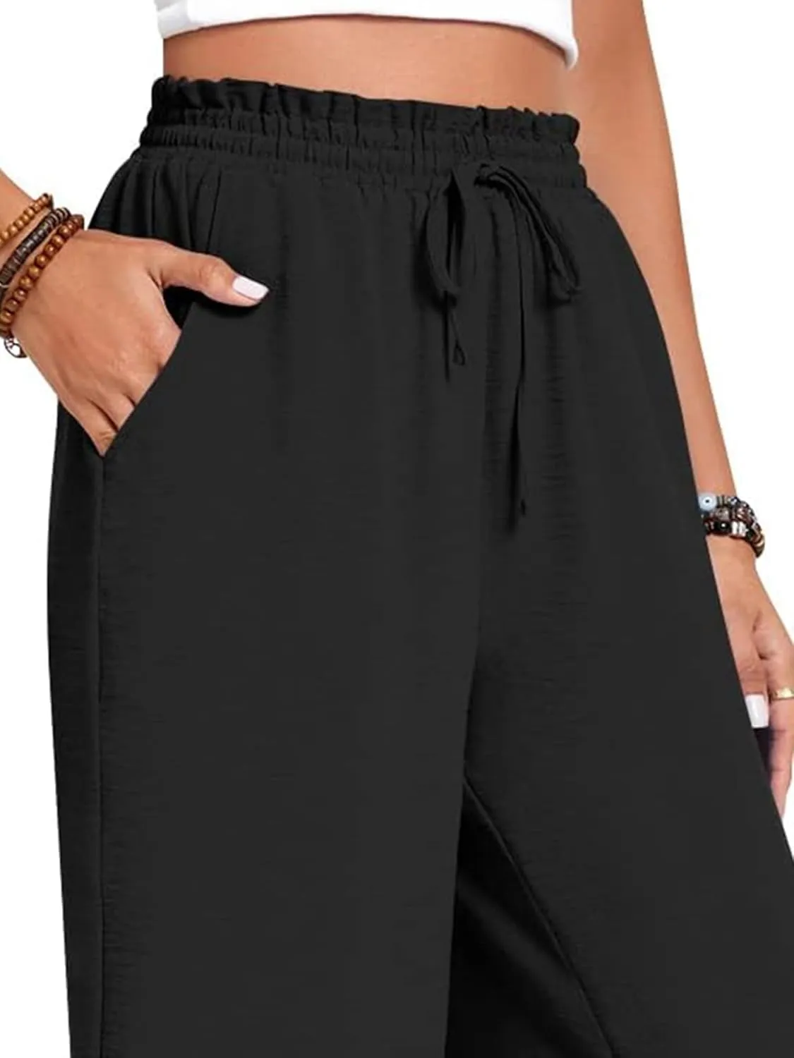 Womens Capri Pants Wide Leg High Waisted Lounge Pants Drawstring Casual Loose Palazzo Pants Trousers with Pockets