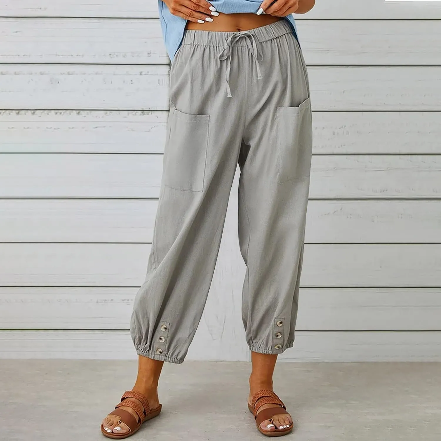 Women's Capri Pants with Pockets Drawstring High Waist Pants Flax Ankle Trousers Wide Leg Cropped Pants for Women