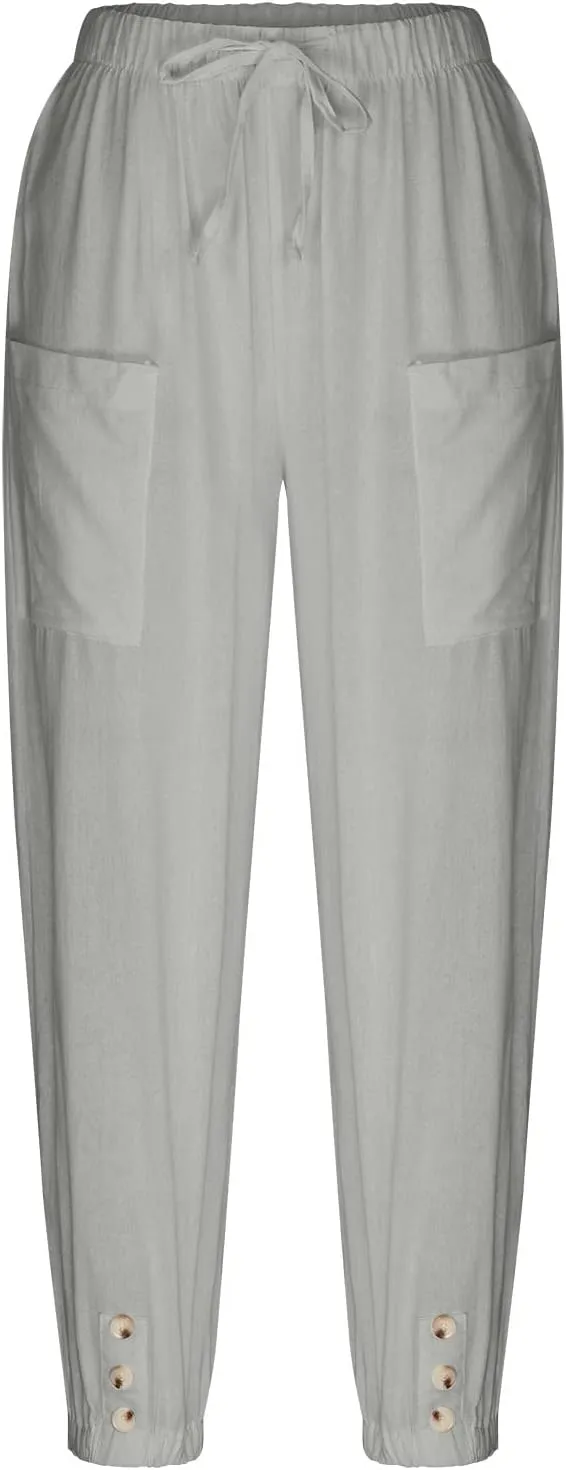 Women's Capri Pants with Pockets Drawstring High Waist Pants Flax Ankle Trousers Wide Leg Cropped Pants for Women