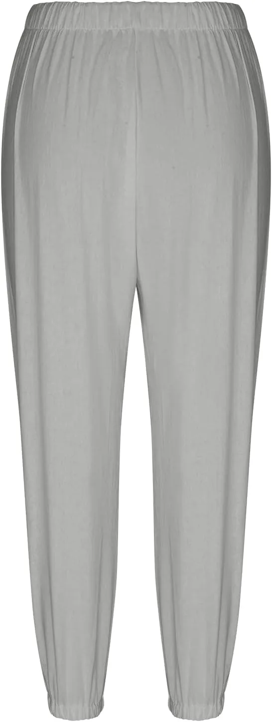 Women's Capri Pants with Pockets Drawstring High Waist Pants Flax Ankle Trousers Wide Leg Cropped Pants for Women