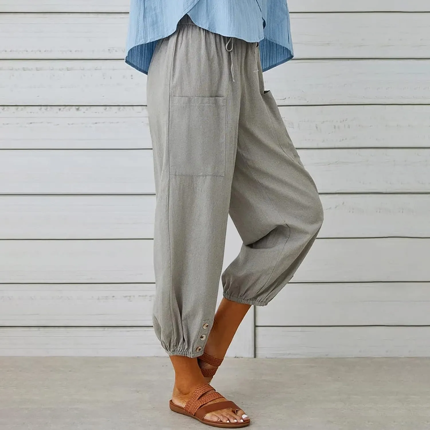 Women's Capri Pants with Pockets Drawstring High Waist Pants Flax Ankle Trousers Wide Leg Cropped Pants for Women