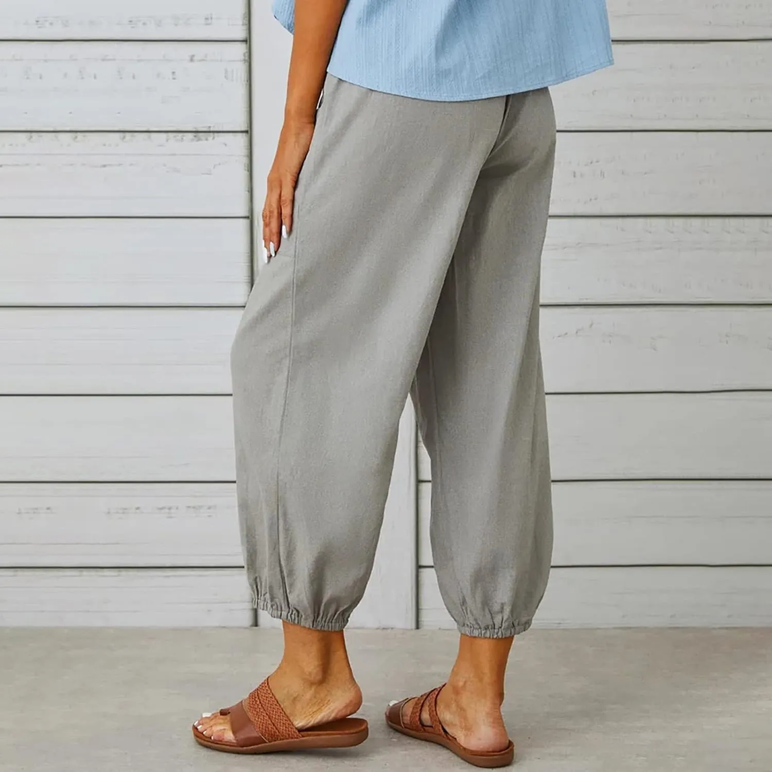Women's Capri Pants with Pockets Drawstring High Waist Pants Flax Ankle Trousers Wide Leg Cropped Pants for Women