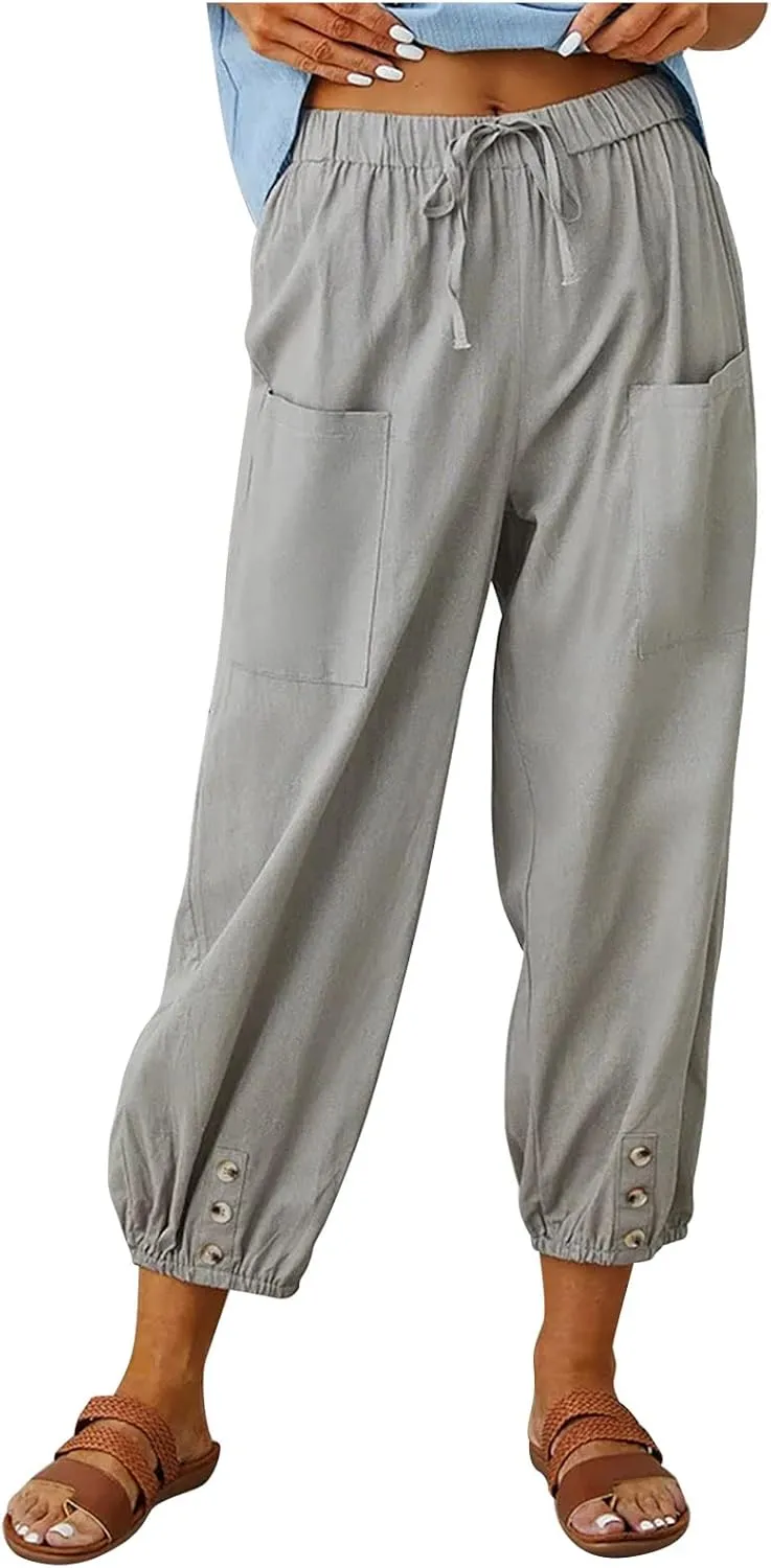 Women's Capri Pants with Pockets Drawstring High Waist Pants Flax Ankle Trousers Wide Leg Cropped Pants for Women