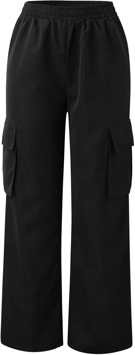 Womens Casual Cargo Pants Plus Size Elastic High Waisted Straight Wide Leg Pants Y2k Loose Solid Lounge Trousers