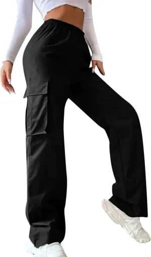 Womens Casual Cargo Pants Plus Size Elastic High Waisted Straight Wide Leg Pants Y2k Loose Solid Lounge Trousers