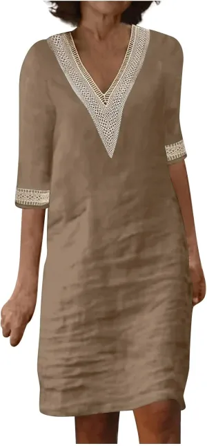 Women's Casual Dresses Summer Loose Trendy Short Sleeve V-Neck Solid Color Lace Beach Vacation Dress, S-3XL