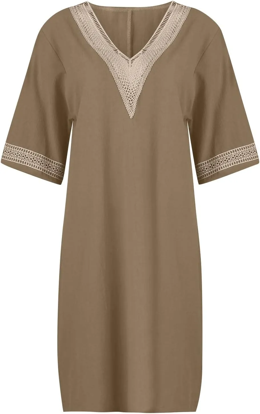 Women's Casual Dresses Summer Loose Trendy Short Sleeve V-Neck Solid Color Lace Beach Vacation Dress, S-3XL