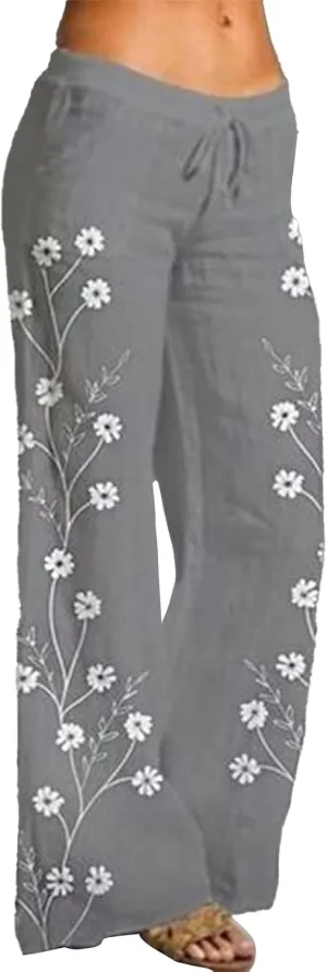 Women's Casual High Waist Pants Linen Boho Floral Wide Leg Lightweight Lounge Pant Flowy Summer Beach Cool Trousers