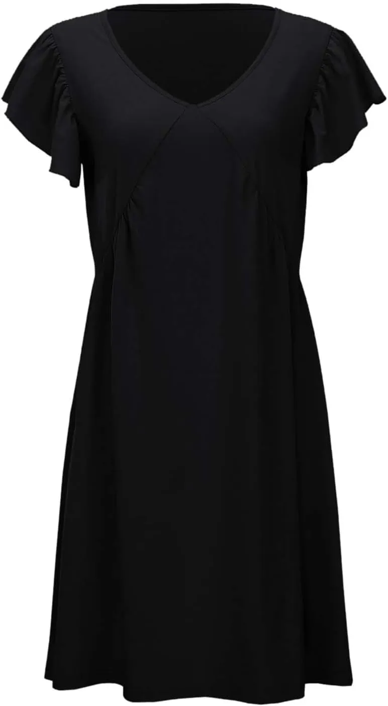 Women's Casual Summer Dresses 2025 Beach Deep V Neck Solid Color Dresses Loose Sundress Ruffle Sleeve Mini Dress