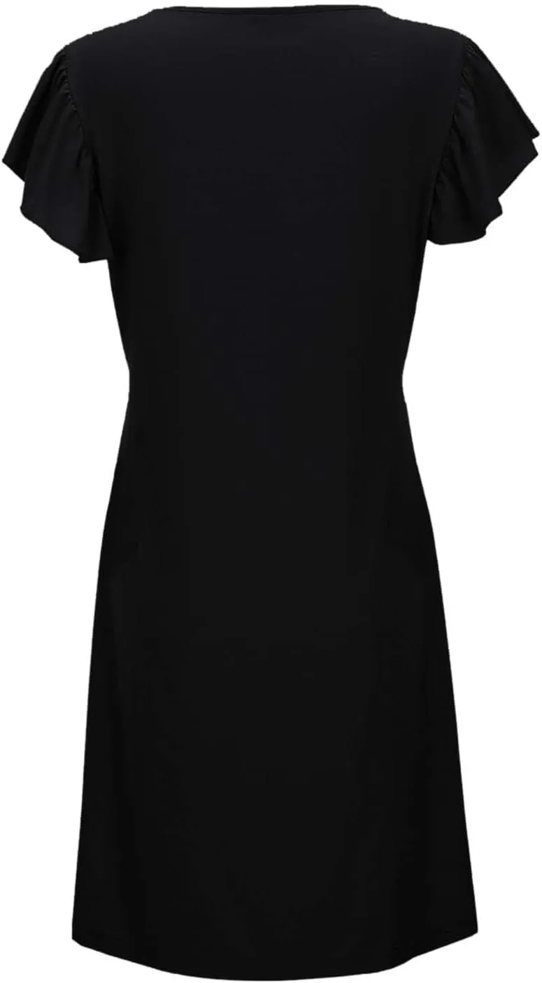 Women's Casual Summer Dresses 2025 Beach Deep V Neck Solid Color Dresses Loose Sundress Ruffle Sleeve Mini Dress