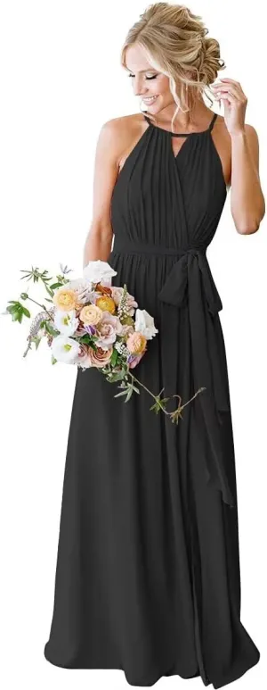 Women's Chiffon Bridesmaid Dresses for Women Halter Pleated Long A-Line Formal Party Dresses