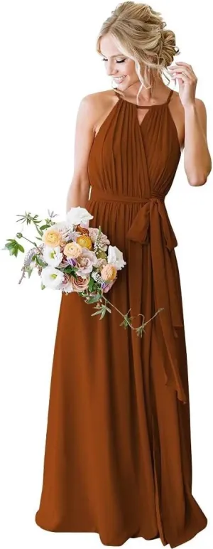 Women's Chiffon Bridesmaid Dresses for Women Halter Pleated Long A-Line Formal Party Dresses
