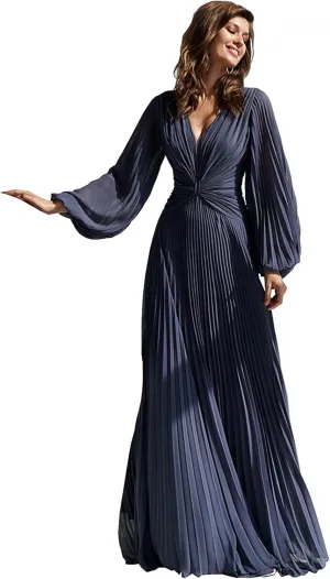 Women's Chiffon V Neck Bridesmaid Dresses with Long Sleeves A Line Floor Length Evening Dress