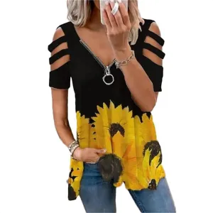 Women's Cold Shoulder Tops Tee Sexy Summer V Neck Loose T Shirts Casual Short Sleeves Zipper Floral Print Blouse