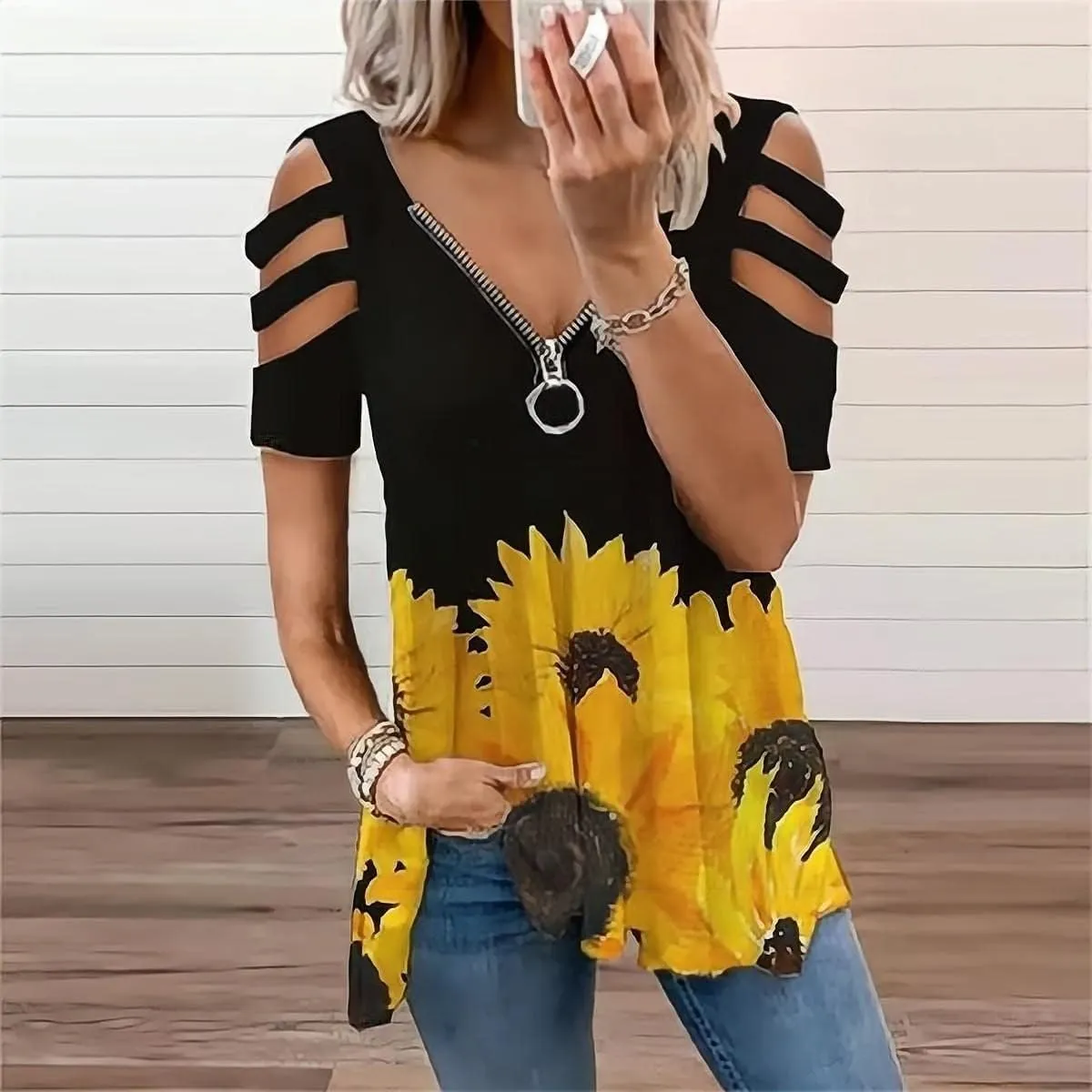 Women's Cold Shoulder Tops Tee Sexy Summer V Neck Loose T Shirts Casual Short Sleeves Zipper Floral Print Blouse