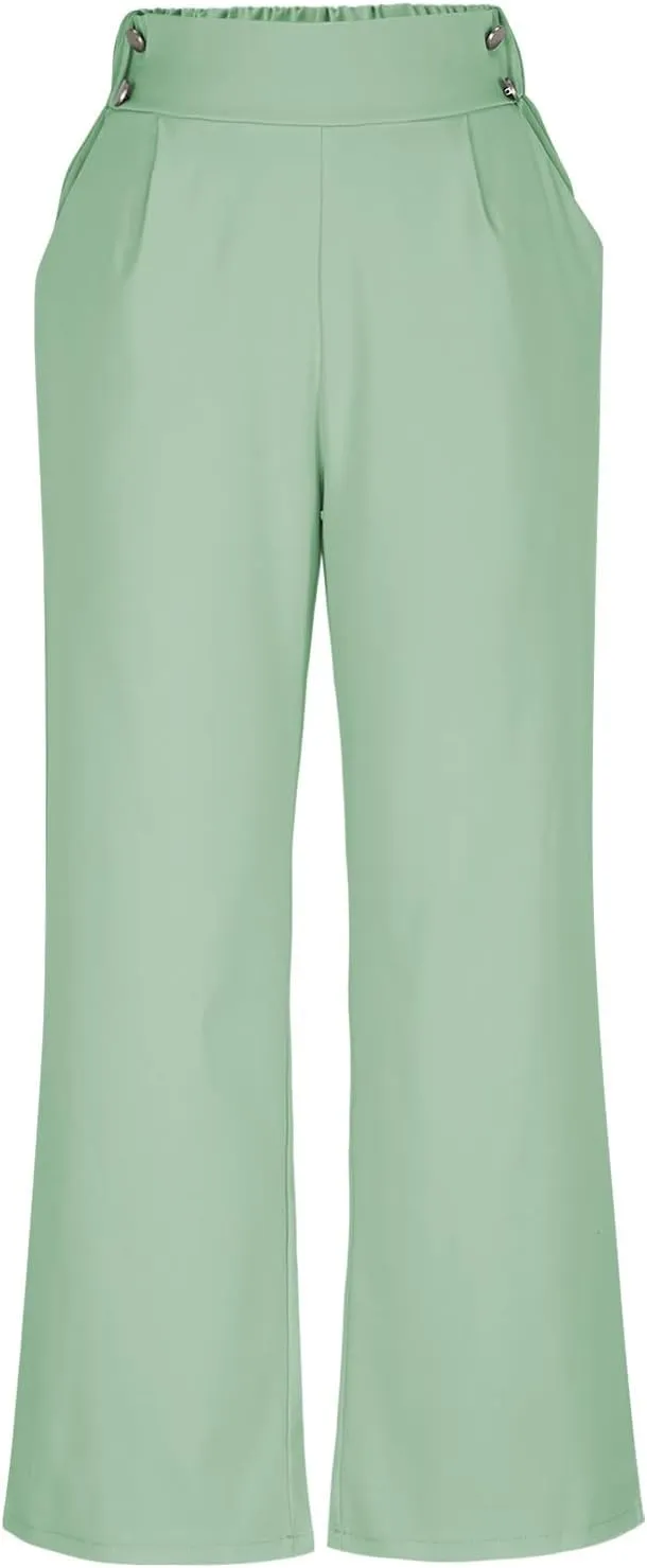 Women's Comfy High Waisted Wide Leg Pants Business Casual Elastic Waist Loose Trendy Solid Color Trousers with Pockets