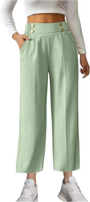 Women's Comfy High Waisted Wide Leg Pants Business Casual Elastic Waist Loose Trendy Solid Color Trousers with Pockets