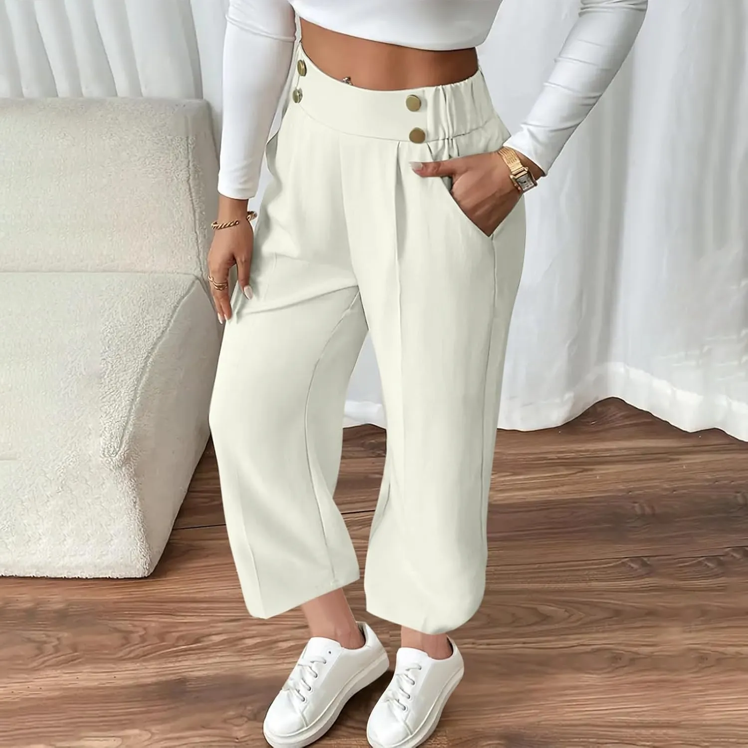 Women's Comfy High Waisted Wide Leg Pants Business Casual Elastic Waist Loose Trendy Solid Color Trousers with Pockets