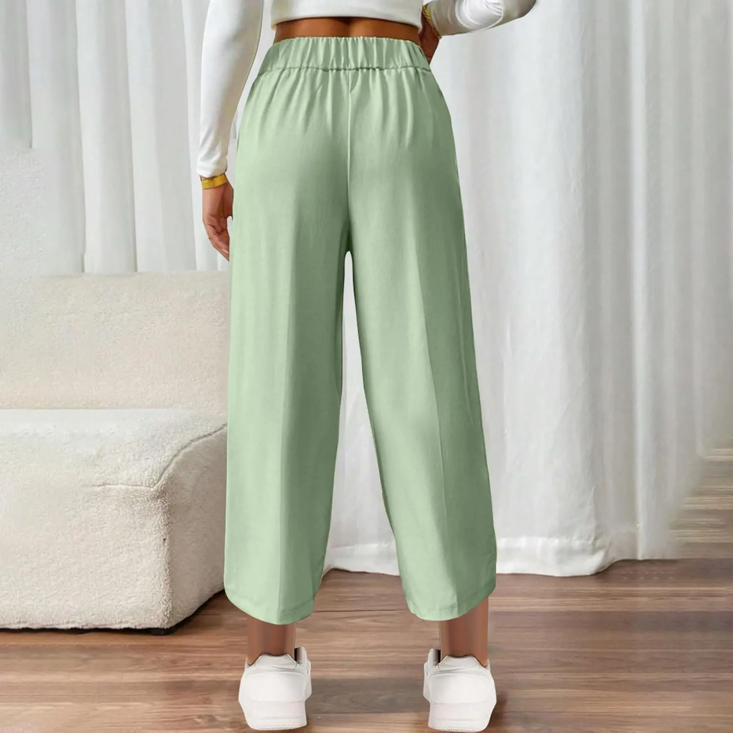 Women's Comfy High Waisted Wide Leg Pants Business Casual Elastic Waist Loose Trendy Solid Color Trousers with Pockets