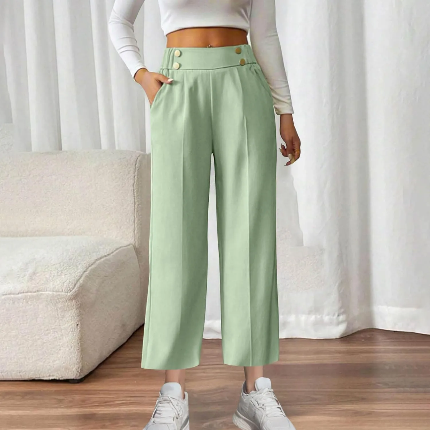 Women's Comfy High Waisted Wide Leg Pants Business Casual Elastic Waist Loose Trendy Solid Color Trousers with Pockets