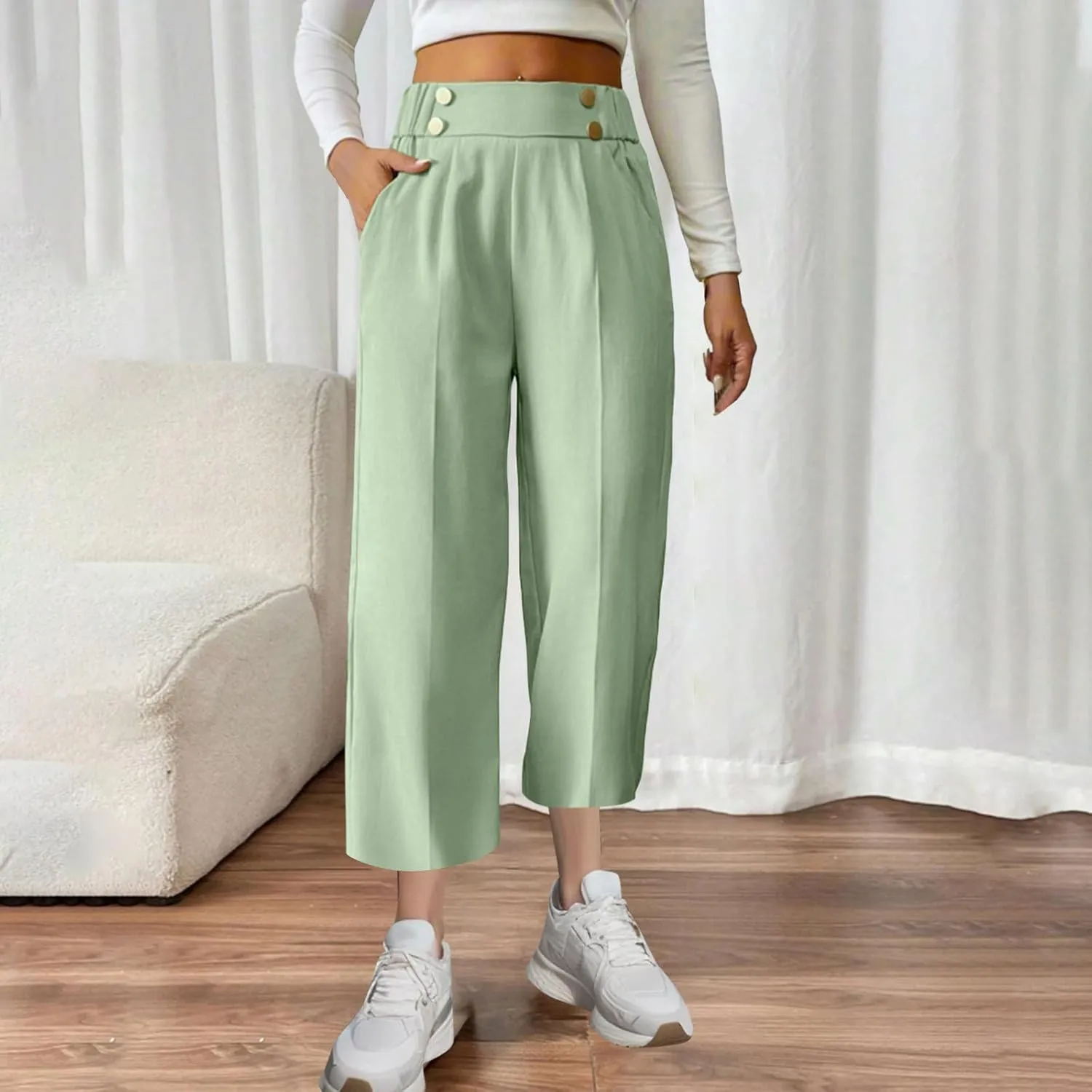 Women's Comfy High Waisted Wide Leg Pants Business Casual Elastic Waist Loose Trendy Solid Color Trousers with Pockets
