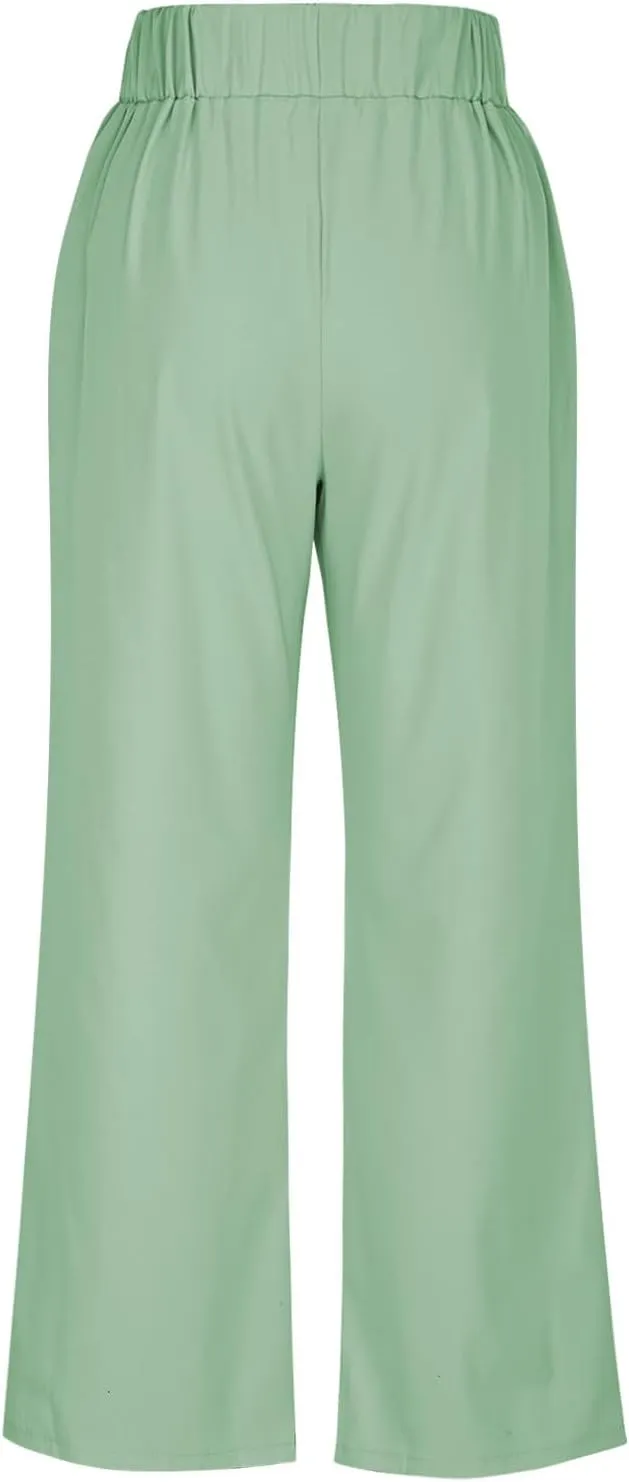 Women's Comfy High Waisted Wide Leg Pants Business Casual Elastic Waist Loose Trendy Solid Color Trousers with Pockets
