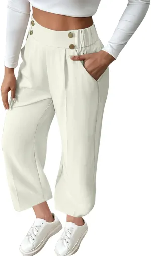 Women's Comfy High Waisted Wide Leg Pants Business Casual Elastic Waist Loose Trendy Solid Color Trousers with Pockets