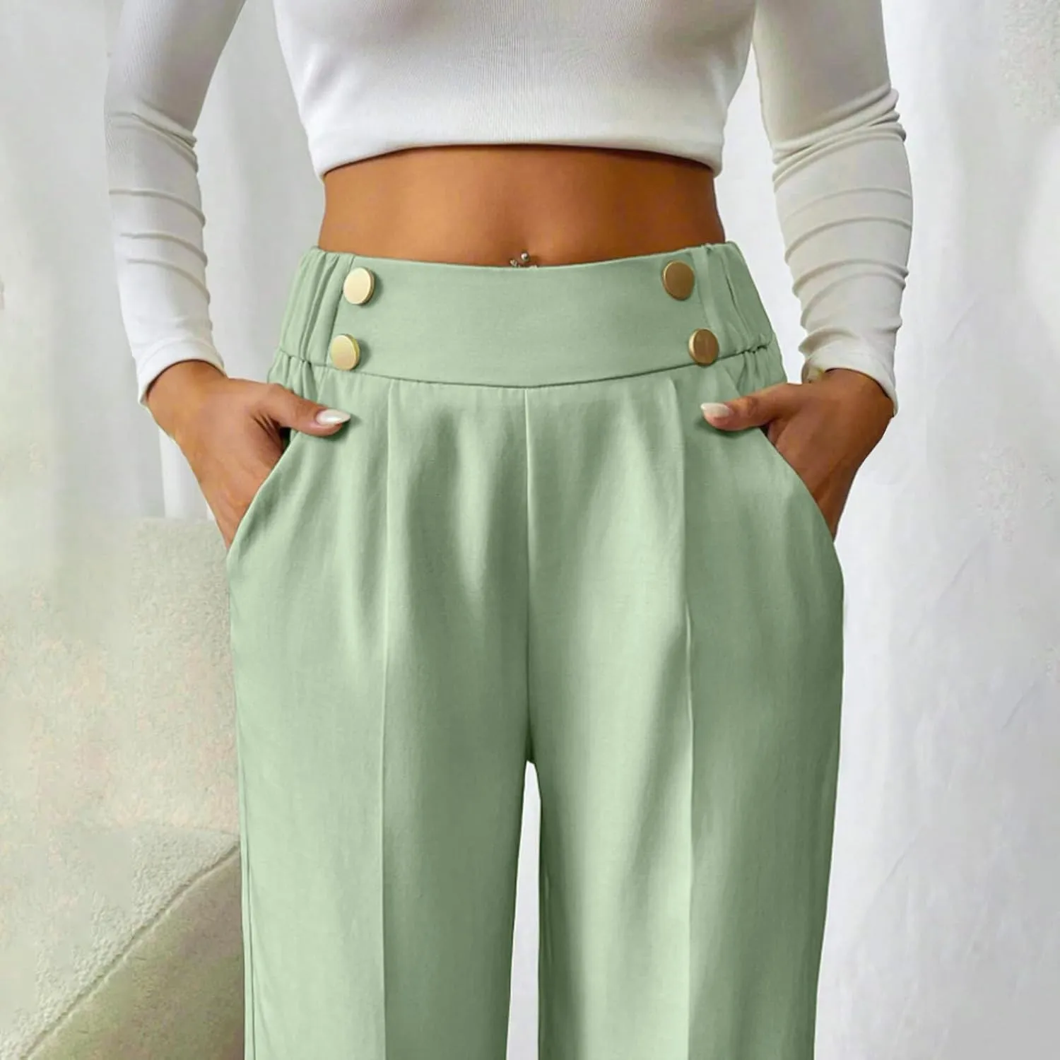 Women's Comfy High Waisted Wide Leg Pants Business Casual Elastic Waist Loose Trendy Solid Color Trousers with Pockets
